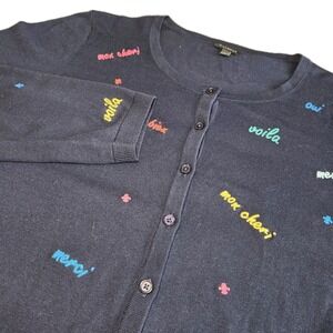 TALBOTS Cardigan Sweater Womens Large Navy Blue French All Over Embroidered